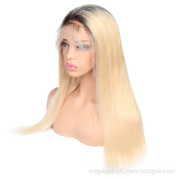 Pre Plucked 100% Human Virgin Hair Blond 1B 613 Blonde Silk Top Lace Front Wig Dark Roots